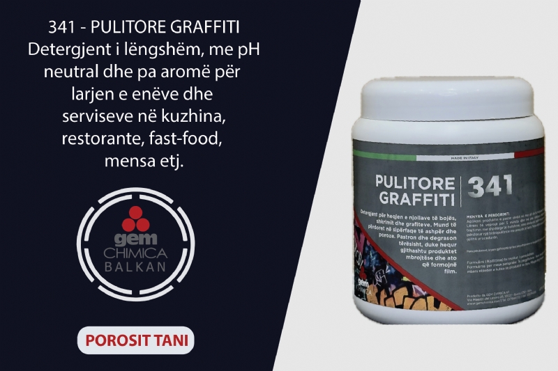 Detergjent per larjen e eneve 341 – PULITORE GRAFFITI nga Gem Chimica Balkan, detergjent i lengshem per kuzhina profesionale, detergjent pH neutral per ene dhe servise, pastrues profesional per restorante, detergjent per fastfood dhe mensa